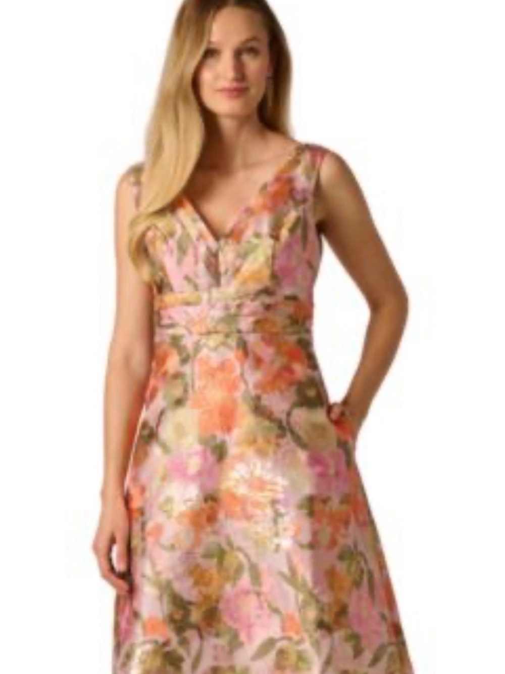 Adrianna Papell Pink Floral V-Neck Midi Dress with Orange Accents